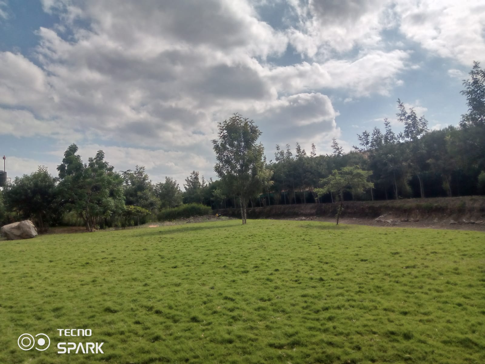Wide manicured lawn at Empaash Gardens framed by young trees under an open sky